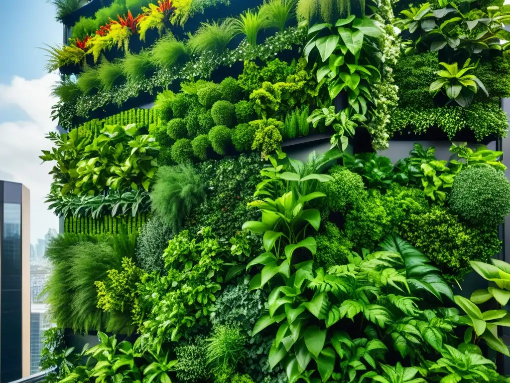 Rentabilidad de huertos verticales urbanos: imagen de jardín vertical urbano moderno con plantas exuberantes en diseño modular