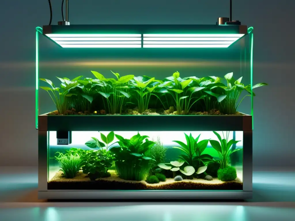 Rentabilidad y sostenibilidad en la acuaponía urbana con diseño futurista, tanques transparentes con plantas acuáticas y peces, iluminados con LED