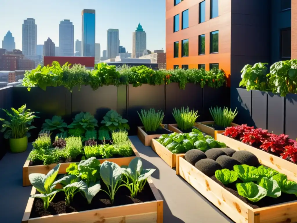 Transformación de residuos en alimentos urbanos: Huerto urbano vibrante con frutas, verduras y hierbas en medio de la ciudad