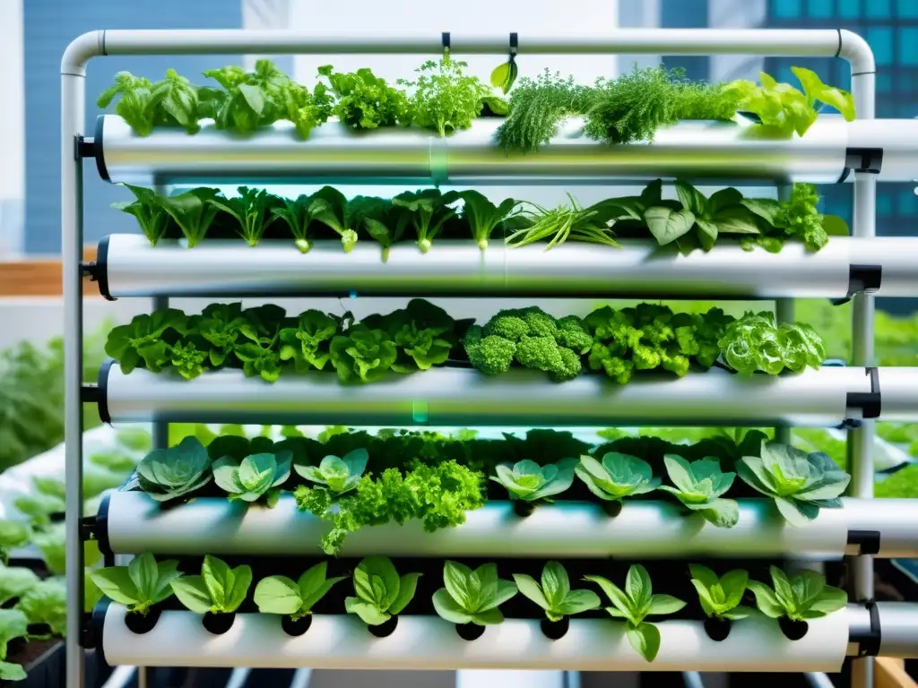 Transformación de residuos en alimentos urbanos: Jardín urbano con sistema de cultivo vertical, acuaponía y vegetales exuberantes en filas organizadas