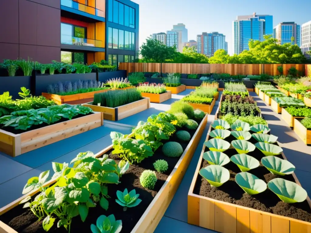 Transformación de residuos en alimentos urbanos: Jardín urbano vibrante con cultivos coloridos y modernos edificios de fondo