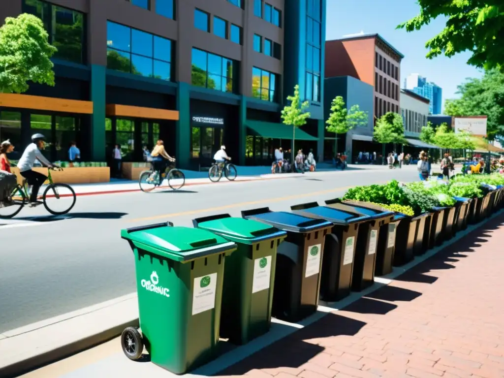 Transformación de residuos orgánicos en una bulliciosa ciudad sostenible con modernos edificios y tecnología de compostaje de vanguardia