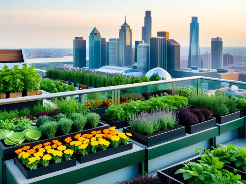 Gestión de residuos orgánicos huerto azotea: Jardín urbano con plantas vibrantes y cultivos, bañado por la luz solar y la ciudad al fondo