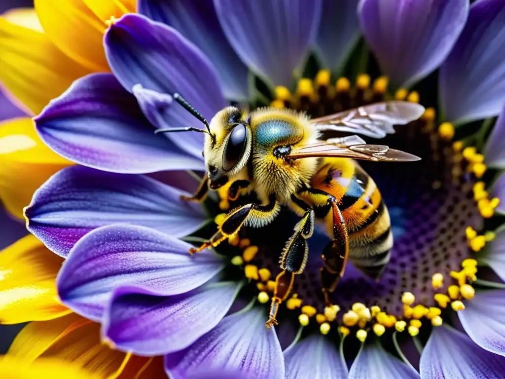 Un retrato detallado de una abeja cubierta de polen amarillo, posada delicadamente en una flor colorida en un sistema de acuaponía