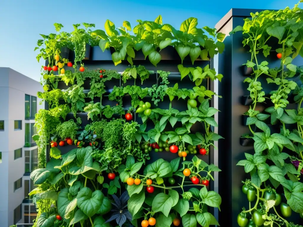 Rico cultivo urbano de enredaderas comestibles en moderno jardín de azotea, creando un impactante paisaje verde en la ciudad