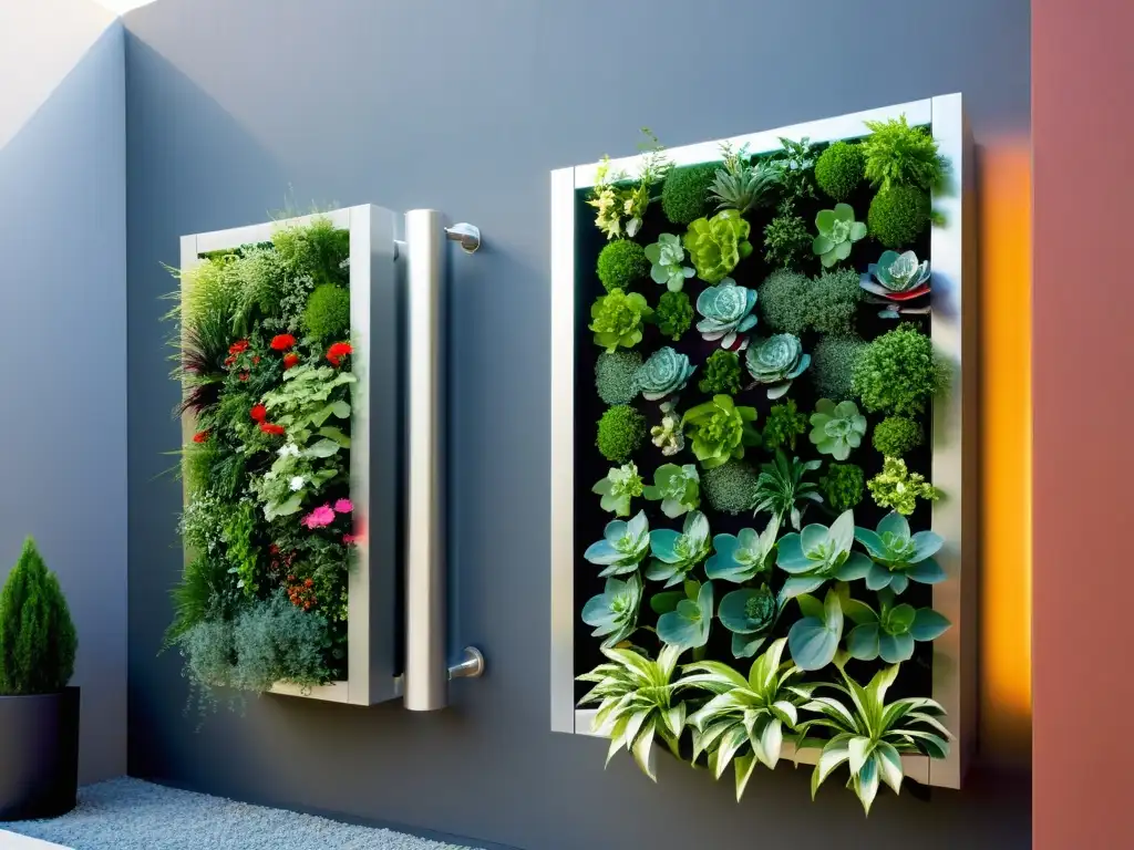 Riego automatizado para huertos verticales: Jardín vertical moderno con sistema de riego automatizado de alta tecnología, repleto de vegetación vibrante y flores coloridas