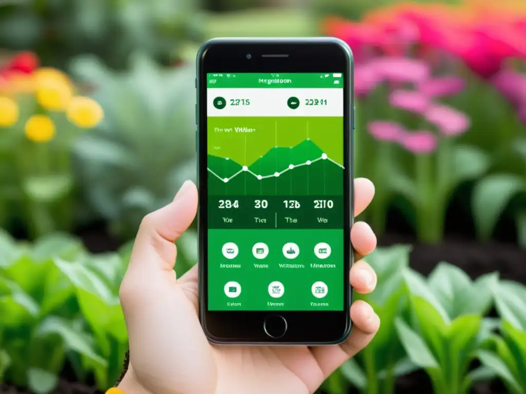 Aplicación móvil de gestión de riego para huertos urbanos con interfaz moderna y funcional en smartphone en jardín urbano vibrante