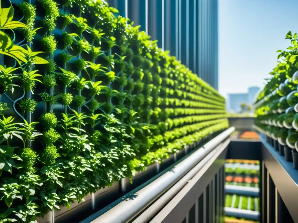 Riego inteligente en huertos verticales: Jardín vertical exuberante con tecnología de riego innovadora en acción, nutriendo plantas verdes vibrantes en un entorno urbano moderno