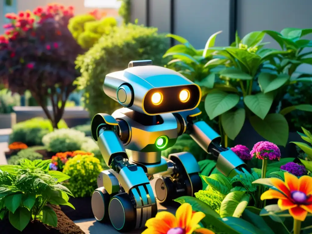 Un robot metálico y elegante con múltiples brazos y sensores, cuida con precisión y eficiencia un vibrante jardín urbano