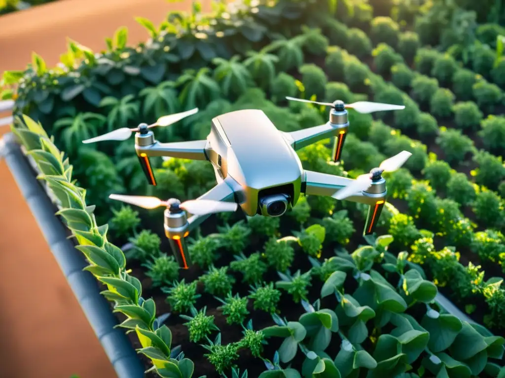 Robots en huertos urbanos cuidando plantas en jardín futurista con tecnología avanzada y belleza natural