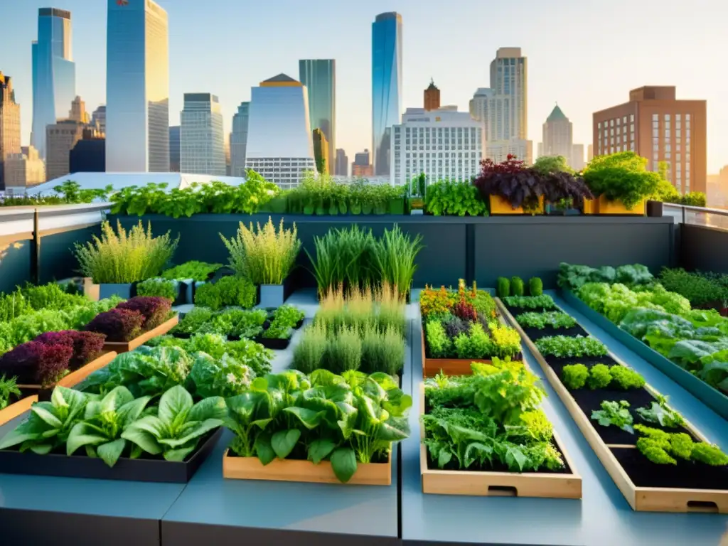 Jardín urbano: verdor vibrante entre rascacielos Rooftop garden urbano con vegetales y hierbas en contraste con rascacielos al atardecer