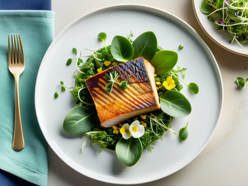 Exquisita presentación de pescado con vegetales frescos y salsas vibrantes Sabrosa presentación de pescado en plato, con microgreens, flores y salsas