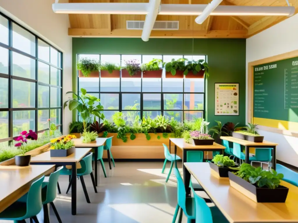 Salón de clases escolar moderno con huertos verticales, estudiantes aprendiendo rodeados de plantas y flores