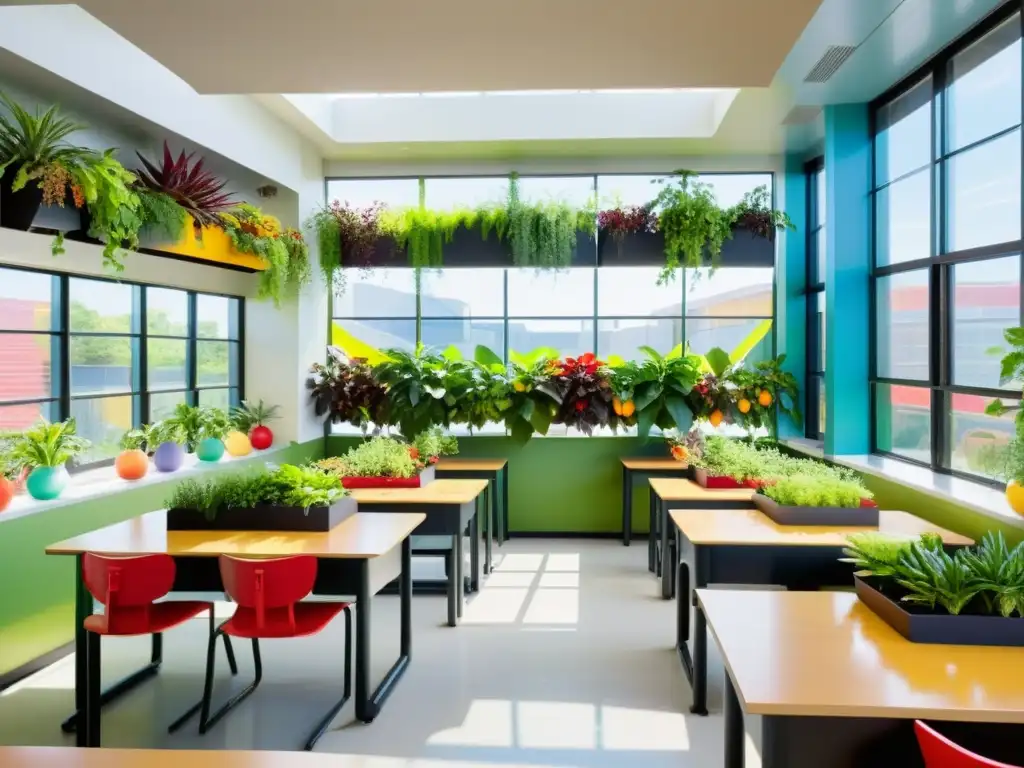 Salón de clases moderno y vibrante con jardines verticales de metal y vidrio