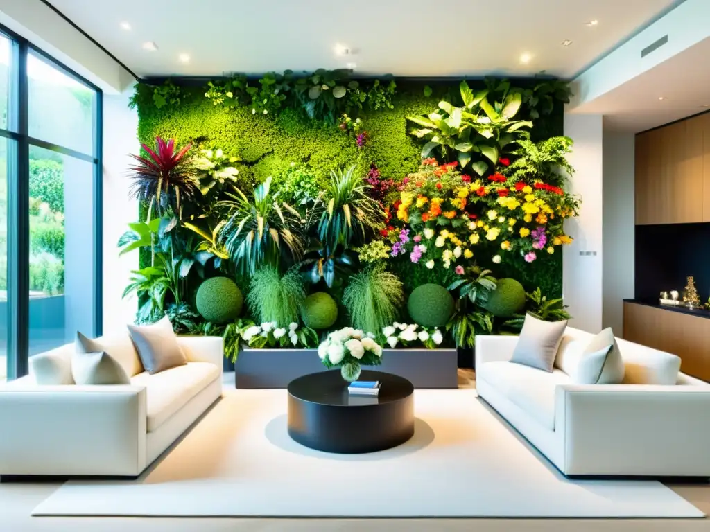 Un salón moderno con jardines verticales de pared a techo, llenos de exuberantes plantas verdes y flores coloridas