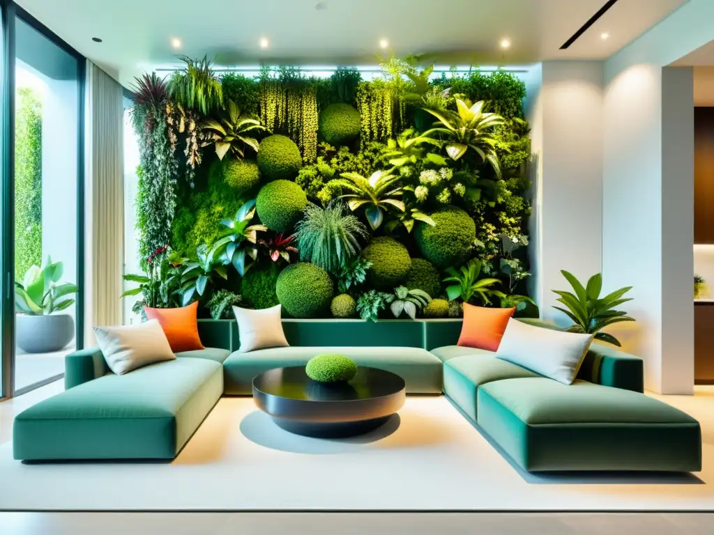 Un salón moderno con jardines verticales, que ofrece beneficios de jardinería vertical para la salud mental