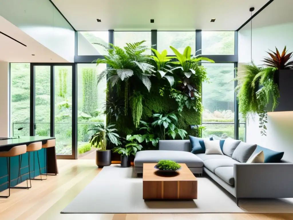 Un salón moderno con un jardín vertical que abarca toda la altura de la pared