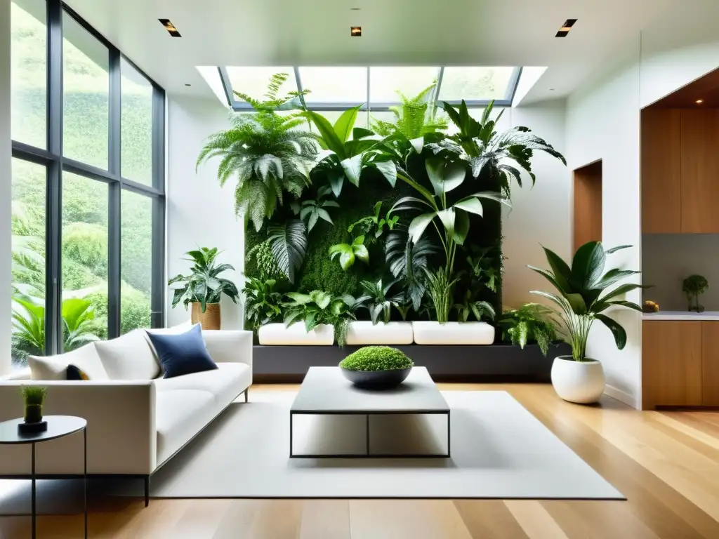 Salón moderno con jardín vertical, aportando bienestar con plantas como helechos, lirios de la paz y plantas araña