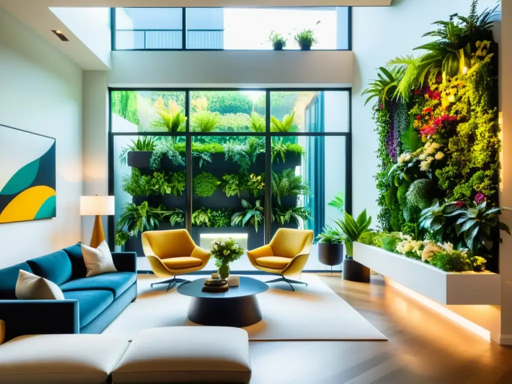 Salón moderno con jardín vertical exuberante, creando un ambiente sereno y refrescante