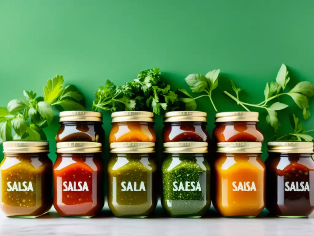 Salsas caseras con hierbas frescas en tarros de cristal, colores vibrantes y hierbas frescas esparcidas alrededor