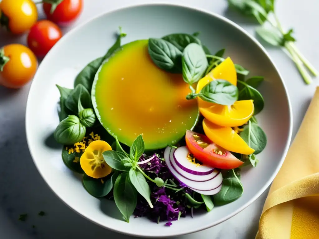 Salsas caseras con hierbas frescas se vierten sobre una colorida ensalada urbana, resaltando sus texturas y colores vibrantes