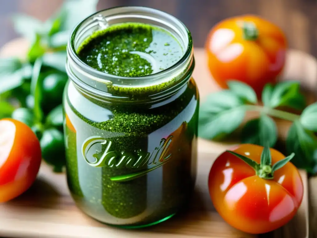 Salsas caseras con hierbas frescas: Imagen de chimichurri verde vibrante en frasco de vidrio, con hierbas frescas, ajo y aceite de oliva