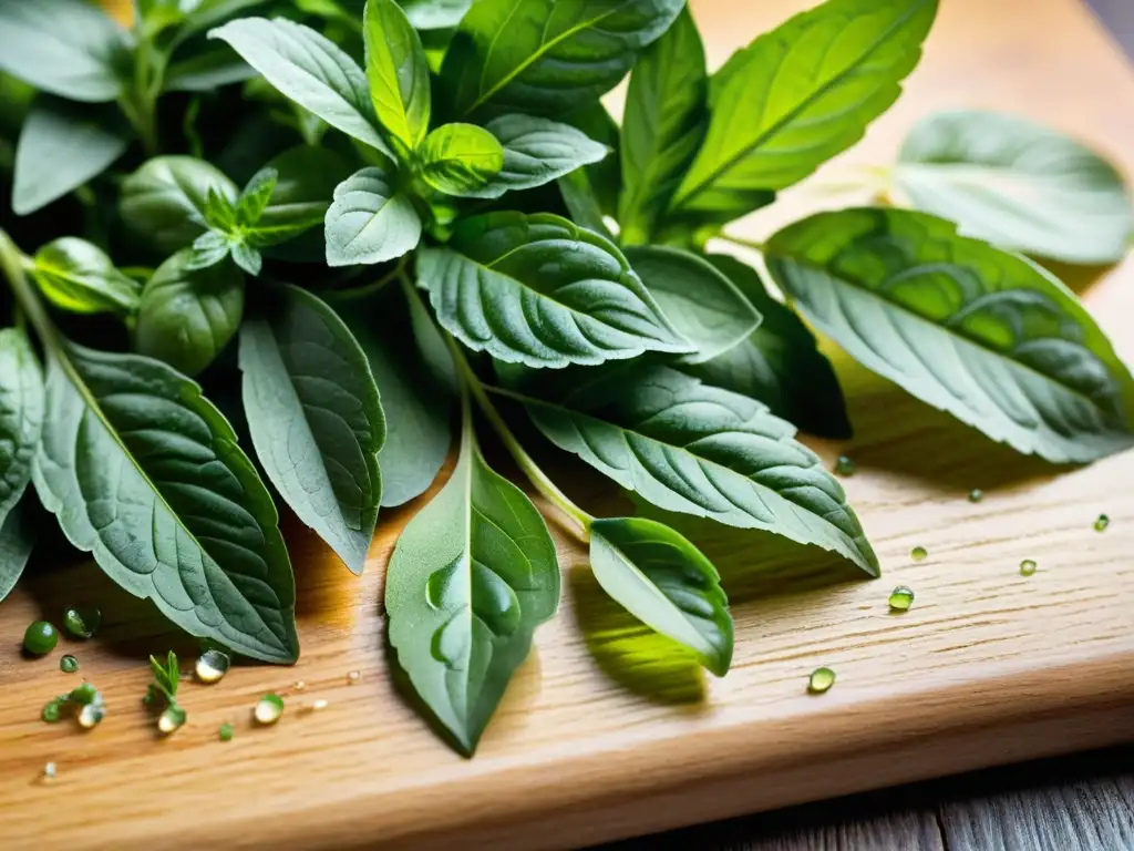 Salsas caseras con hierbas frescas: Variedad de hierbas frescas sobre tabla de cortar de madera, con gotas de agua y sombras suaves