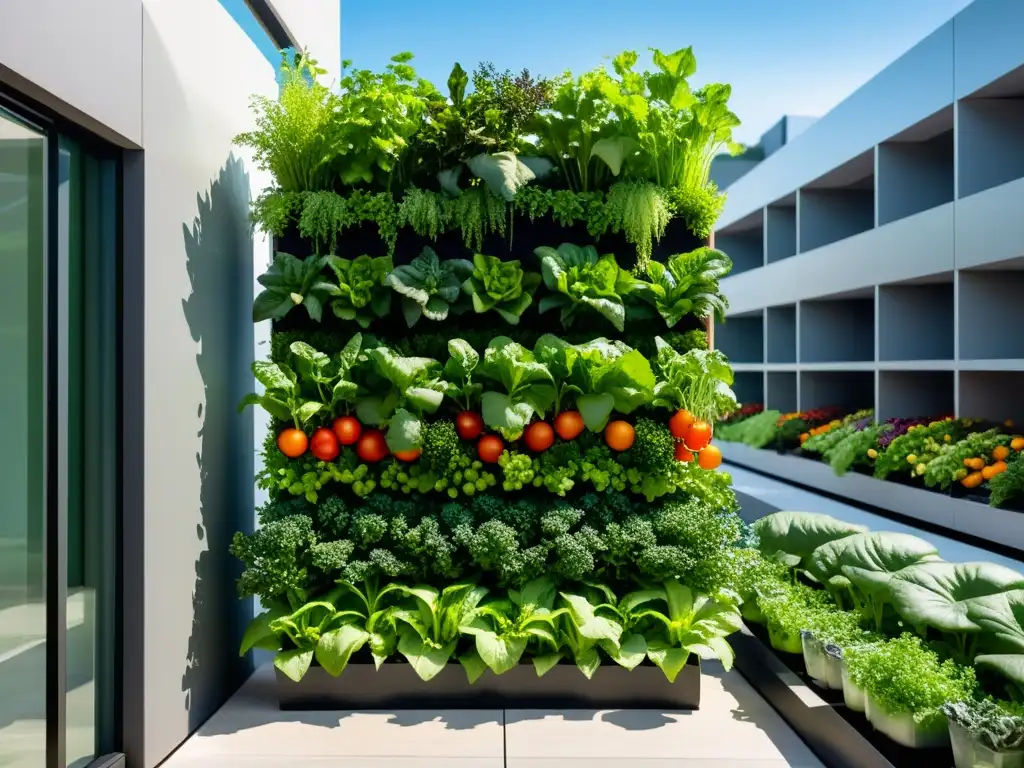 Selección de cultivos para huertos verticales: Moderno jardín vertical con variedad de cultivos estacionales y diseño urbano