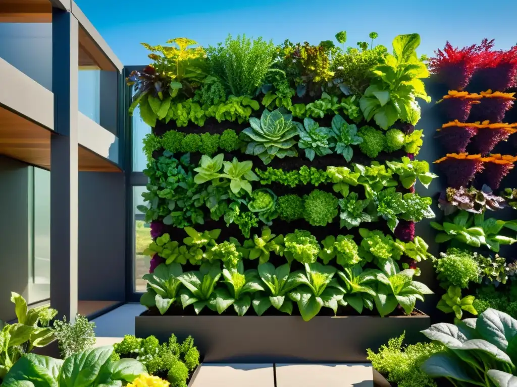 Selección de cultivos para huertos verticales: Un jardín vertical moderno con hileras de plantas exuberantes, incluyendo lechugas, hierbas y flores coloridas, en una estructura escalonada frente a un elegante telón de fondo urbano