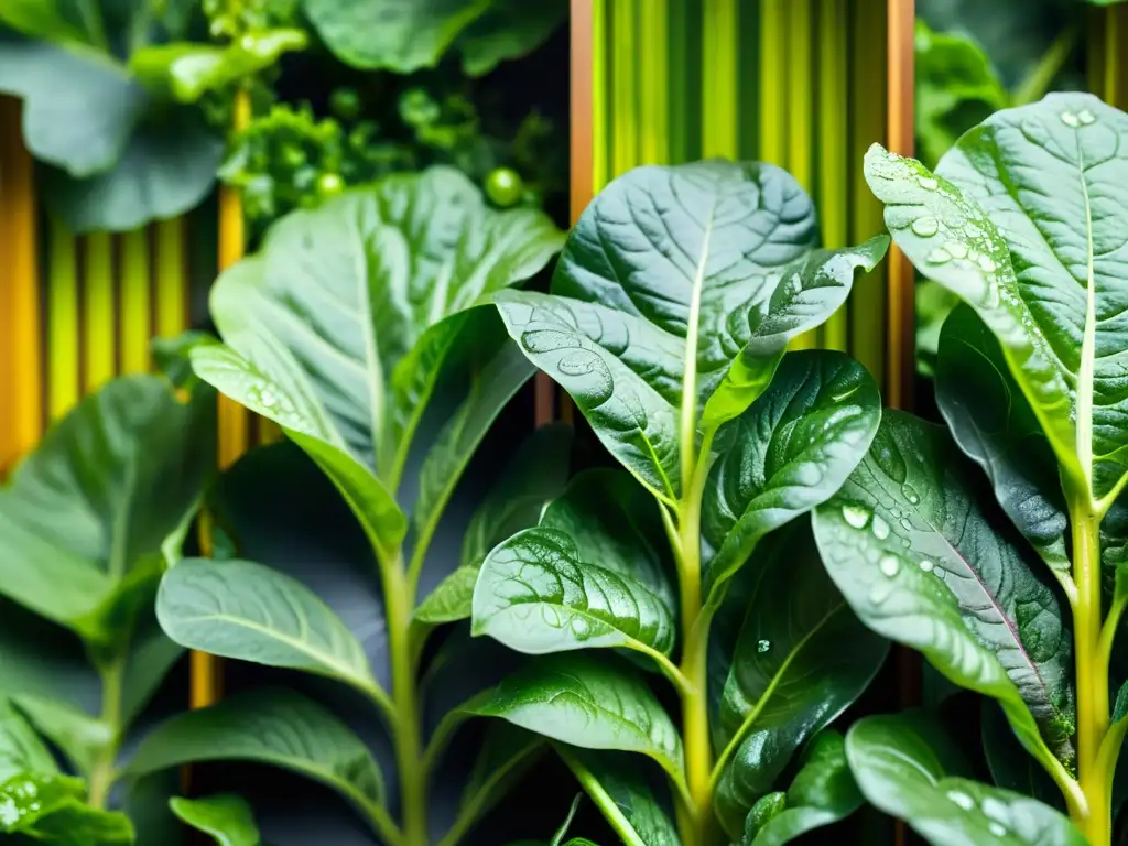 Una selección de especies vegetales para huertos verticales, con hojas exuberantes y vibrantes en un jardín vertical moderno y elegante