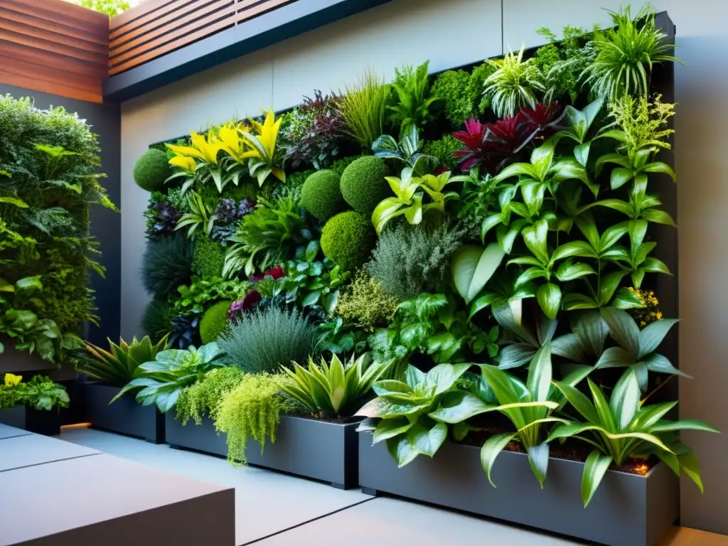 Una selección de plantas para huerto vertical, con una combinación de colores y texturas vibrantes en un jardín modular vertical moderno