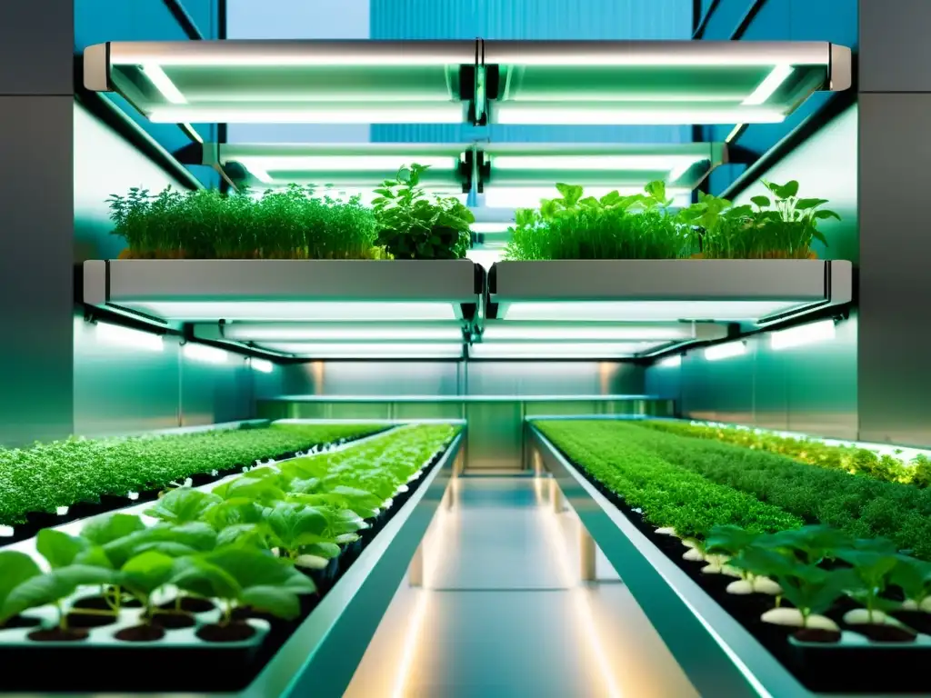 Sensibilidad tecnológica en acuaponía urbana: instalación futurista de agricultura urbana con sistemas automatizados de siembra, riego y cosecha integrados con la naturaleza y tecnología avanzada