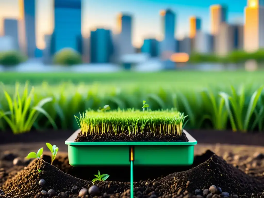 Sensor de conductividad eléctrica del suelo urbano integrado en la ciudad, con detalle de electrodos y circuitos, rodeado de vegetación urbana y paisaje urbano, capturando la importancia del control de conductividad eléctrica en el suelo urbano para el desarrollo sostenible