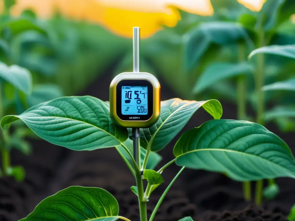 Un sensor de temperatura y humedad de diseño futurista se integra armoniosamente en un campo de cultivo exuberante y saludable