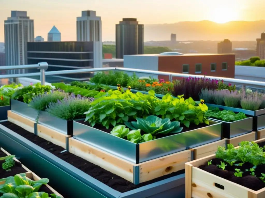 Servicios de agricultura urbana: Jardín en la azotea con cultivos verdes y coloridas flores, contrastando con el paisaje urbano moderno y soleado