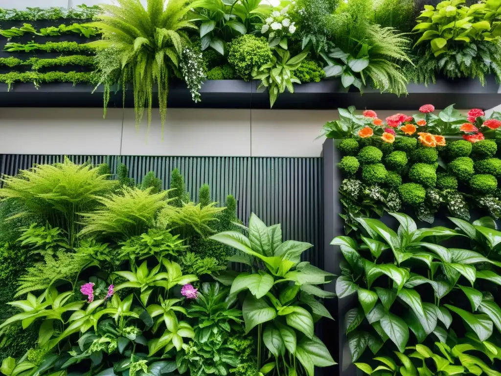 Una siembra vertical en huertos urbanos con exuberantes plantas verdes y flores vibrantes contra un fondo minimalista y contemporáneo