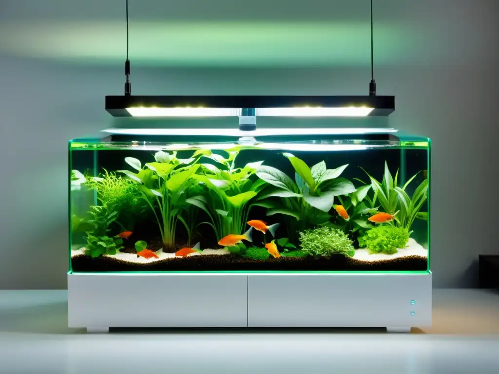 Un sistema acuapónico casero paso a paso, con tanques llenos de plantas verdes y peces, creando un ecosistema armonioso y visualmente impresionante