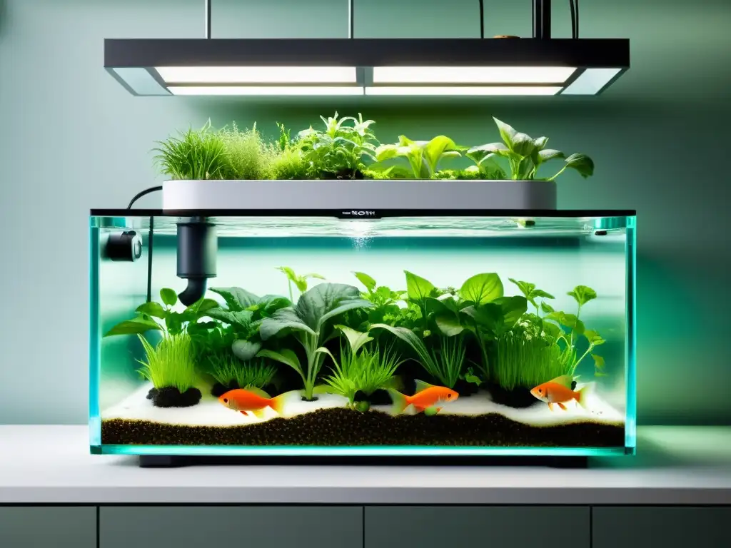 Un sistema acuapónico doméstico de cultivo de hortalizas de diseño moderno y minimalista en una cocina luminosa