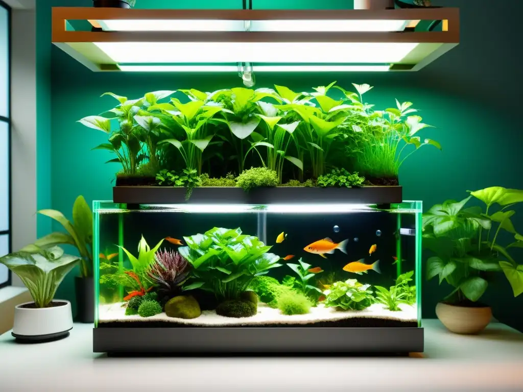 Un sistema acuapónico exuberante con plantas verdes vibrantes y peces prósperos en un entorno moderno