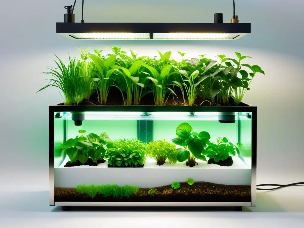 Un sistema acuapónico exuberante con plantas vibrantes creciendo en contenedores llenos de agua, con raíces sanas y libres de enfermedades