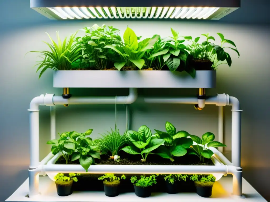 Un sistema acuapónico exuberante con plantas vibrantes y saludables, raíces entrelazadas en agua clara