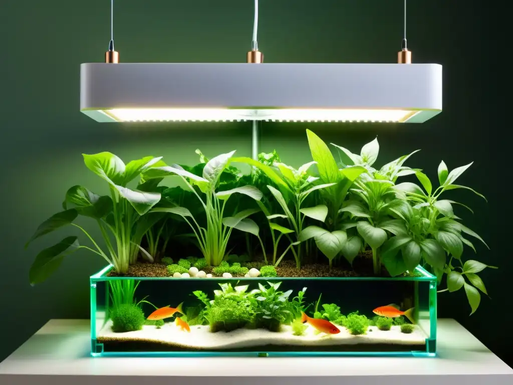 Un sistema acuapónico exuberante con plantas verdes vibrantes y peces prósperos