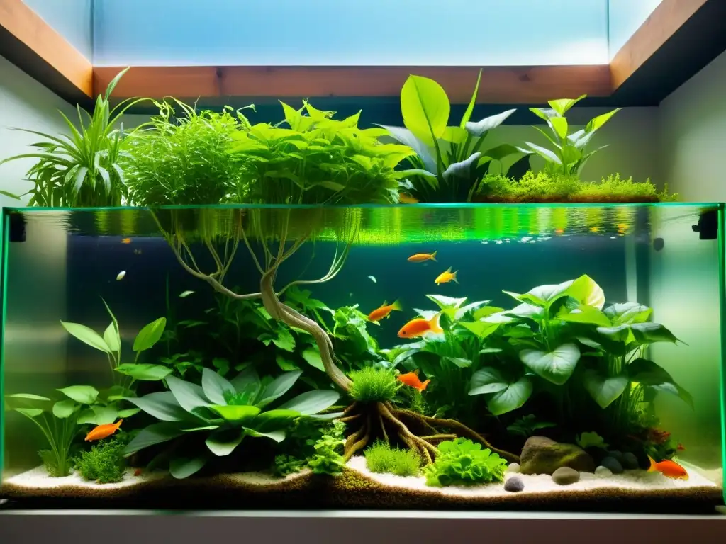 Un sistema acuapónico exuberante, con plantas verdes vibrantes y peces coloridos, captura la armoniosa relación peces-plantas en una danza visual