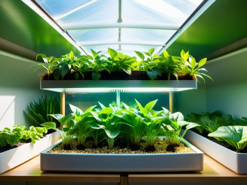 Un sistema acuapónico exuberante y próspero con plantas verdes vibrantes y peces saludables, bañado por la cálida luz del sol