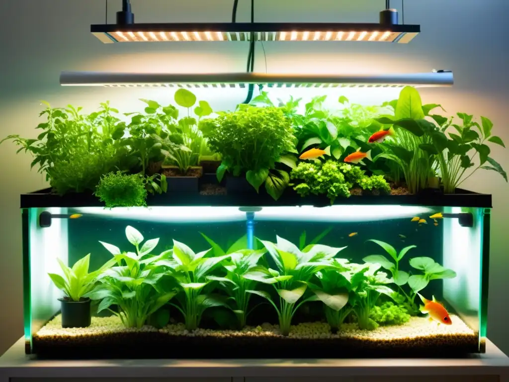 Un sistema acuapónico exuberante y próspero con verduras verdes vibrantes y peces saludables, bañado en luz natural cálida