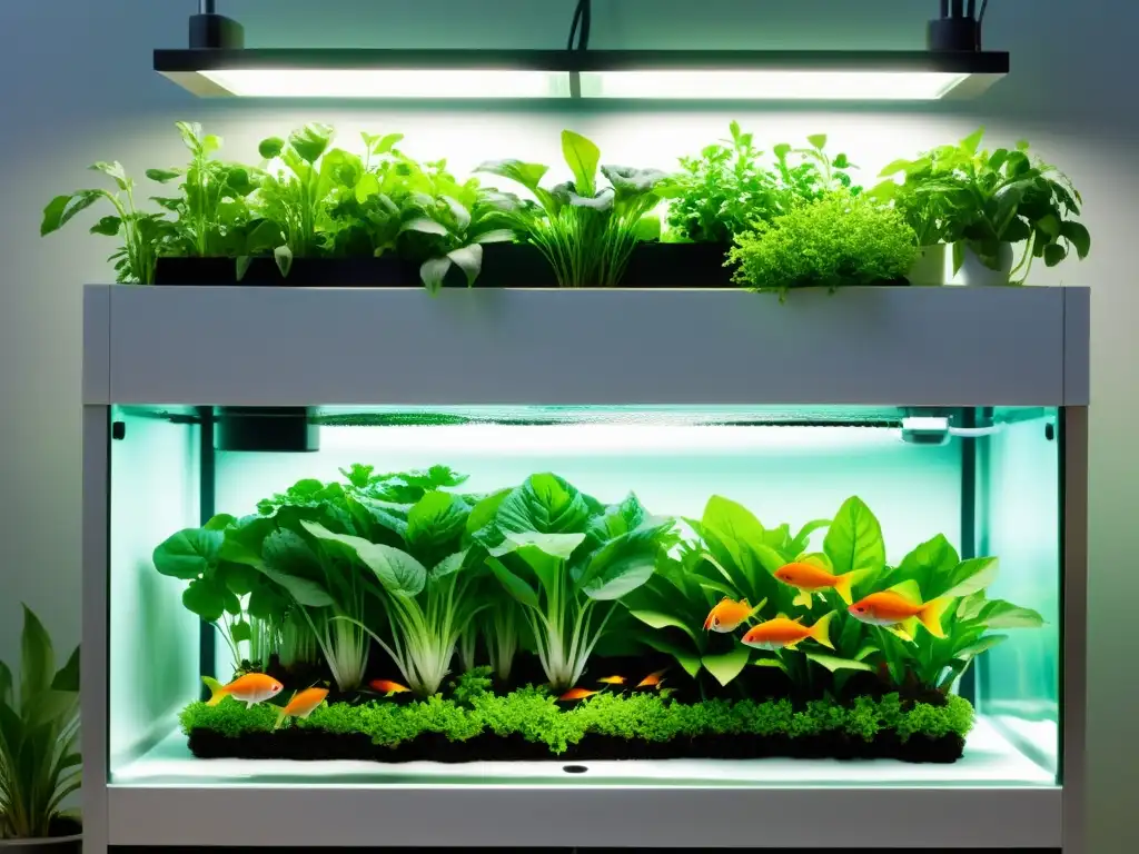 Un sistema acuapónico exuberante con vegetales de hojas verdes vibrantes y peces coloridos en agua clara, con un diseño moderno y elegante