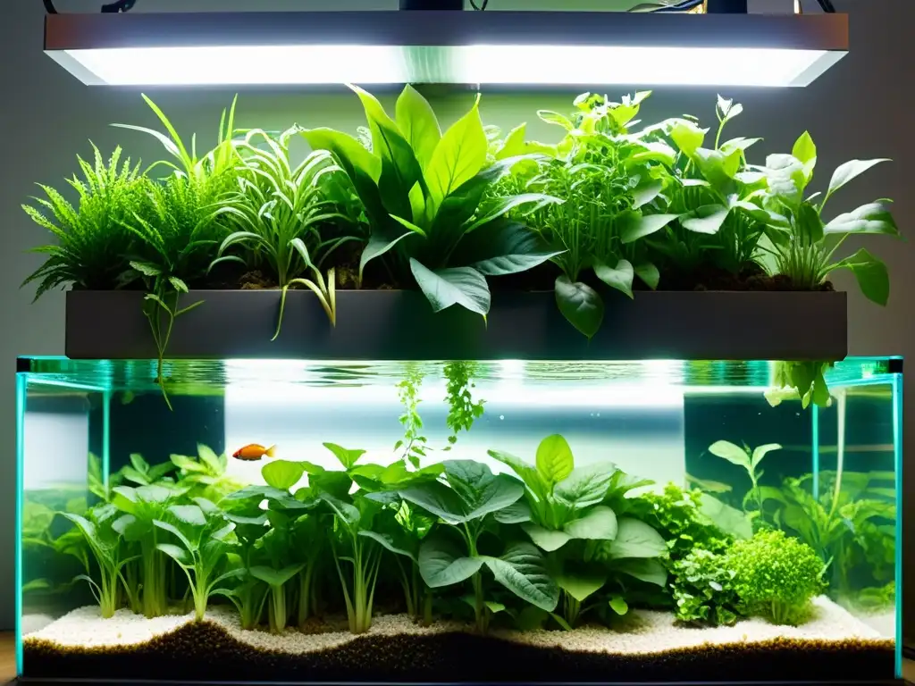 Un sistema acuapónico exuberante con vegetales verdes vibrantes y peces de agua dulce coloridos, reflejando la importancia de los micronutrientes en la dieta acuapónica