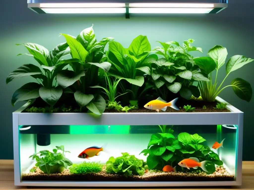 Un sistema acuapónico exuberante con vegetales verdes y peces coloridos, en equilibrio perfecto