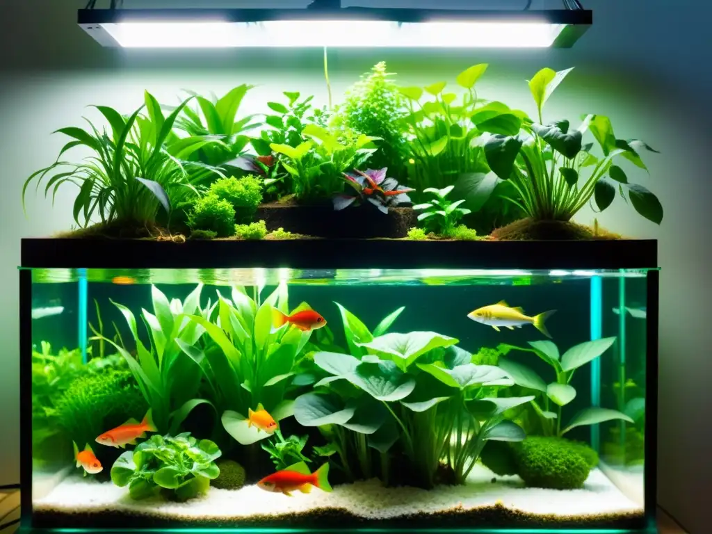 Un sistema acuapónico exuberante con verduras vibrantes y peces saludables en un ecosistema orgánico de nutrición cultivos acuapónicos orgánicos