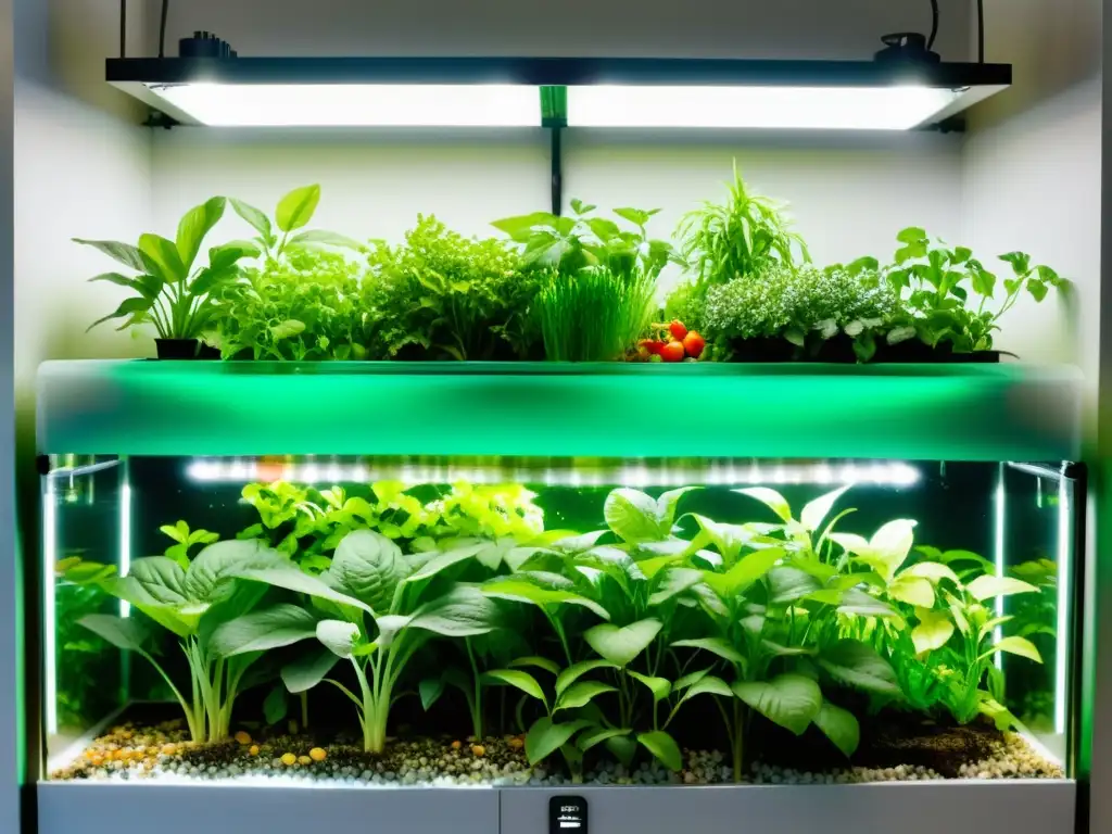 Un sistema acuapónico exuberante y vibrante con plantas saludables, raíces vibrantes y peces coloridos